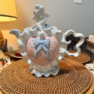 Fitz & Floyd Vintage 1993 Heart Cherub Teapot with Pink and Blue Accents